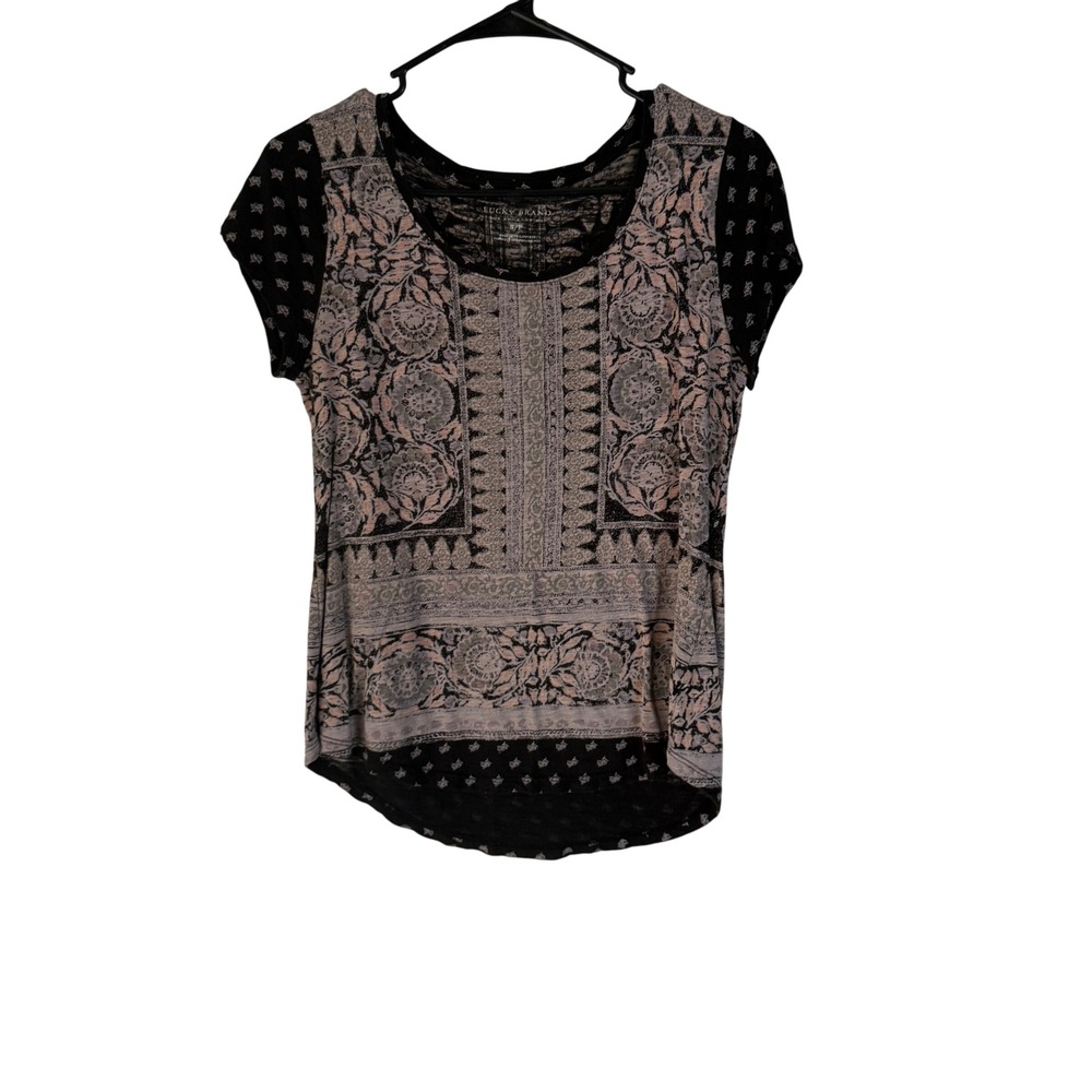 Lucky Brand Women S/P Black Pink Paisley Boho Short Sleeve T Shirt Top